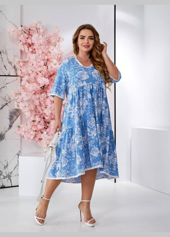 Блакитна коктейльна, ділова, повсякденний, кежуал, вечірня жіноча сукня кльош No Brand з квітковим принтом