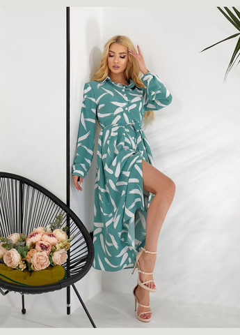 Мятное легкое платье-рубашка мятного цвета 31757 рубашка No Brand с рисунком