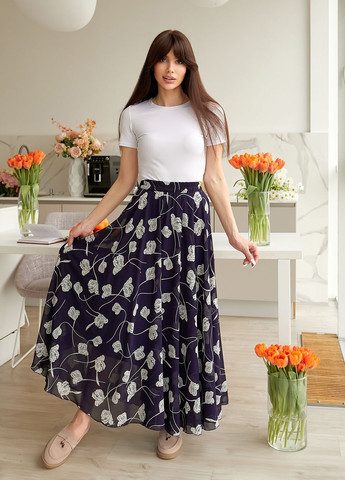 Темно-синяя повседневная, кэжуал цветочной расцветки шифоновая юбка-макси клёш No Brand клешированная, колокол, а-силуэта (трапеция)