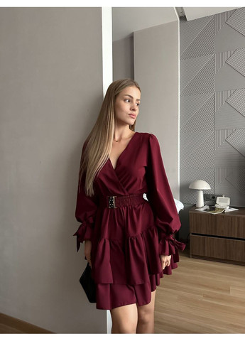 Бордова святковий, вечірня, кежуал жіноча сукня з воланами а-силует Style Point однотонна