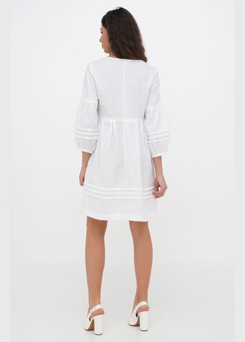 Белое вышитое мини платье из тонкого льна с цветочным геометрическим орнаментом пектораль. черный, р.38, код 0401/38/147 ГАЛЕРЕЯ ЛЬОНУ