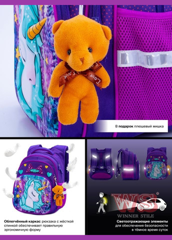 Школьный рюкзак с ортопедической спинкой для девочки Единорог 37х30х18 см для начальной школы R3-241 Winner (293504181)