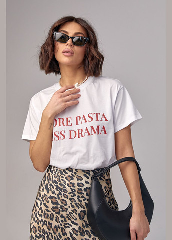 Червона літня жіноча футболка з написом more pasta less drama 210116 з коротким рукавом Lurex