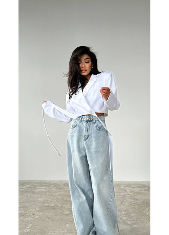 Белый женский женский укороченный пиджак с поясом Україна однотонный - всесезон