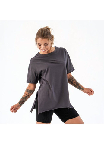 Темно-серая летняя женская футболка удлиненная с разрезами long пепельная Teamv