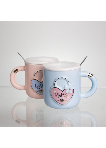 Набір парних порцелянових чашок із серцем 2 (шт) по 400 (мл) чашки на подарунок із кришкою та ложкою Рожевий з блакитним FM-32 Yiwu (370969236)
