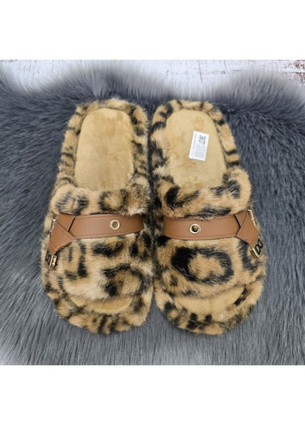 Коричневые тапочки женские меховые fangre коричневые с леопардовым принтом с открытым носком Fashion