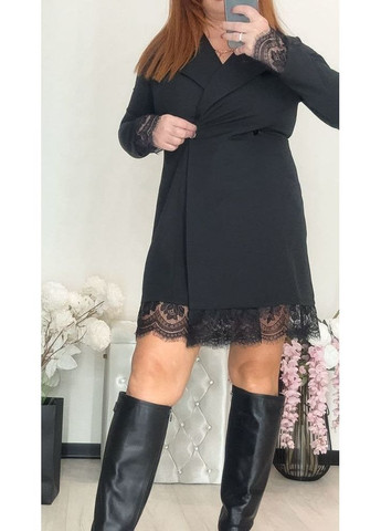 Черное праздничный платье-пиджак с кружевом из костюмной ткани — замеры в описании силуэтная Vione однотонное