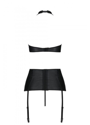 Черный демисезонный комплект из эко-кожи с имитацией шнуровки: топ, трусики и пояс для чулок nancy set black xxl/xxxl Passion