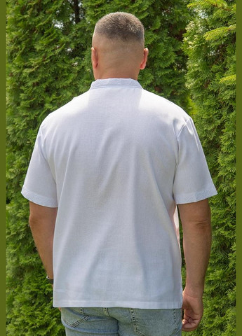 Белая белая льняная мужская вышиванка, летняя рубашка-вышиванка с коротким рукавом узор орнамент приталенная, свободная, прямой лен (316653507)