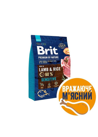 Сухой корм с ягненком Sensitive Lamb Rice Брит Премиум для собак с чувствительным пищеварением 3 кг (8595602526628) Brit Premium (351480083)