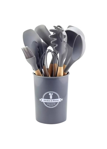 Набір кухонного приладдя із силікону та дерева з підставкою Kitchen Set 12 предметів Сірий (HA-50) No Brand (334011311)