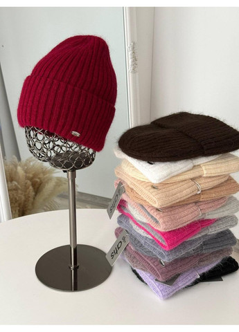 Тепла шапка ангорка в стилі лопатка. В’язана шапка з подвійним відворотом на повном флісе No Brand (362917677)