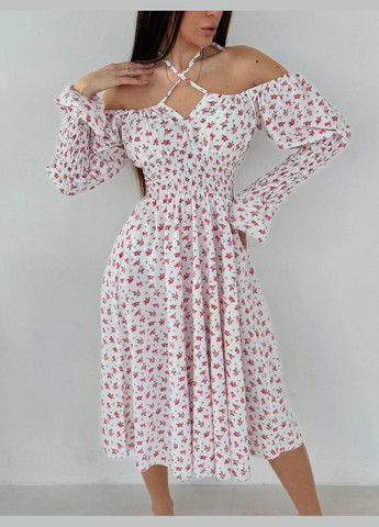 Білий повсякденний жіноча сукня міді з довгим рукавом а-силует, з відкритими плечима Україна з квітковим принтом