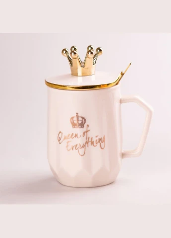 Чашка керамічна Queen of Everything 400мл з кришкою та ложкою чашка з кришкою чашки для кави Білий Happy Life (305199428)