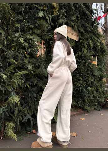 Женский комбинезон No Brand однотонный молочный спортивный, повседневный, кэжуал, денил флис