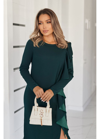 Темно-зелена вечірня приталене плаття міді з воланом Fashion Girl