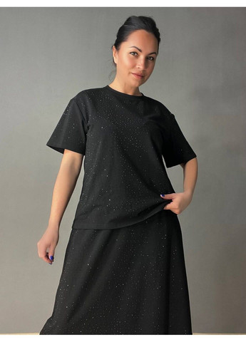 Костюм жіночий YUJIE YISHANG 7359 з камінцями футболка та довга спідниця чорний No Brand (329369530)