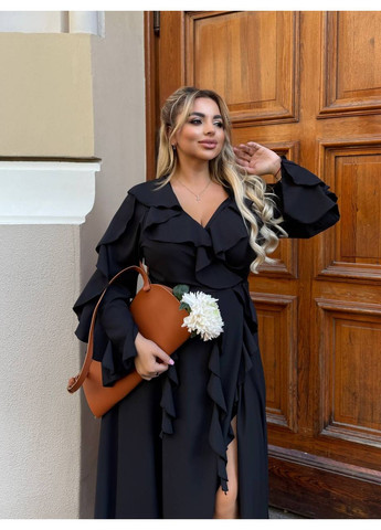 Черное праздничный, коктейльное, вечернее длинное платье с оборками а-силуэт Україна однотонное