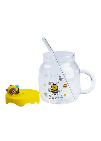 Чашка стеклянная 500 мл с силиконовой крышкой и трубочкой HP7212 (A-032499) Happy Life (346267098)