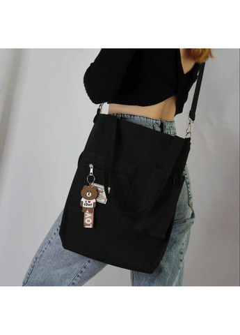 Черный шопер через плечо вместительная сумка с ручками для учебы азиатский стиль на 4 отделения кавай с брелоком мишки kpop No Brand (368717664)