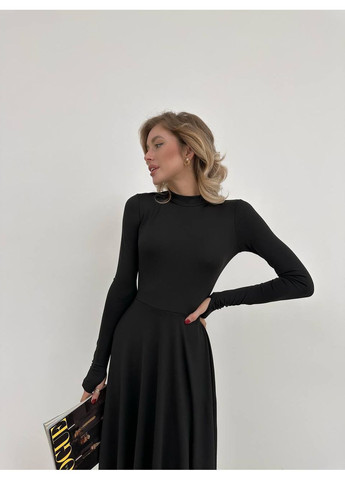 Чорна еластична сукня кльош міді чорного кольору 35951 кльош Fashion однотонна