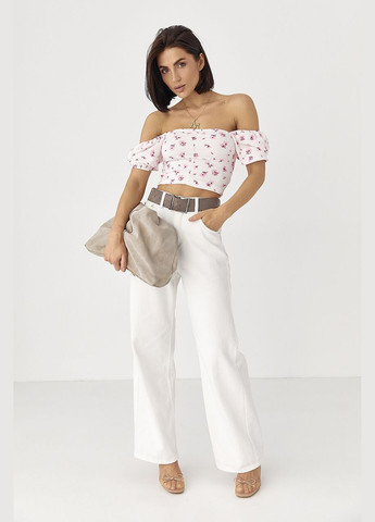 Белая блуза-топ в цветочек с рукавами-фонариками - белый Lurex