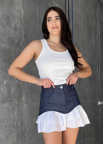 Темно-синяя повседневная колор блок женская юбка с имитацией баски из коттона и софта. Україна а-силуэта (трапеция)