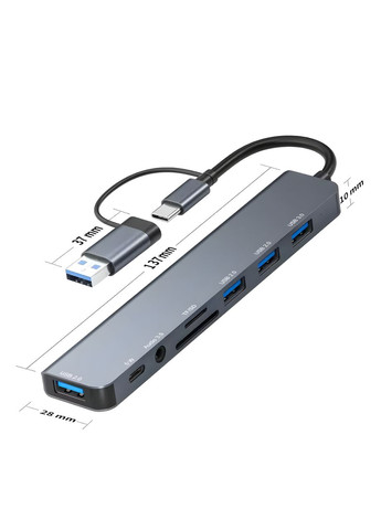 USB Type-C хаб концентратор 8 в 1 SD TF USB 3.0 2.0 3.5 мм Aux з перехідником No Brand (327400539)