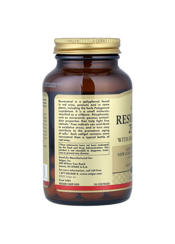 Ресвератрол з Екстрактом Червоного Вина, 250мг, Resveratrol with red Wine Extract,, 60 капсул Solgar (326055210)