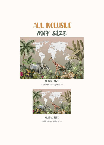 Вінілова інтер'єрна на стіну "Карта світу українською мовою з тваринами тропічною" Кавун наклейка (316190333)