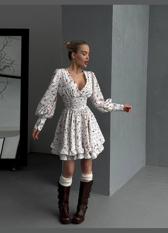 Білий повсякденний, кежуал, коктейльна, вечірня жіноча сукня з спідницею-сонце FINO Mode з квітковим принтом