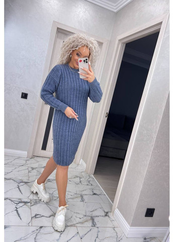Синее повседневный, кэжуал женское вязаное платье No Brand однотонное