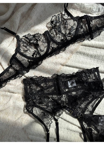 Чёрный балконет комплект женского белья | нежный кружевной, черное соблазнение Vital-Textile с косточками полиэстер
