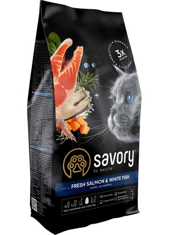 Сухой корм для длинношерстных кошек со свежим лососем и белой рыбой 2 кг (4820232630020) Savory (279566449)