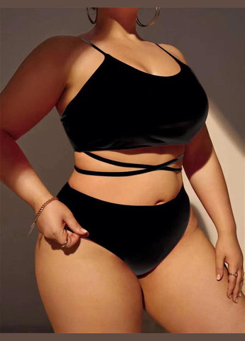 Чорний літній купальник жіночий роздільний чорний зі спідницею та високими плавками роздільний No Brand