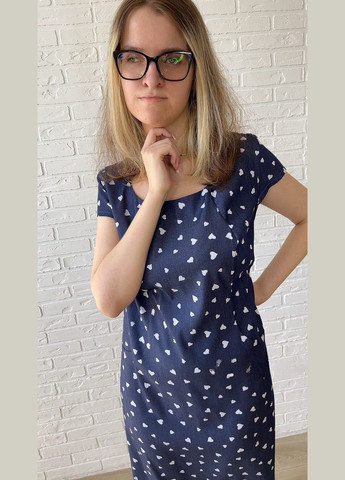 Синя повсякденний, кежуал синє джинсове бавовняне літнє жіноче плаття-футляр міді з білими сердечками сукня-футболка, футляр No Brand сердечка