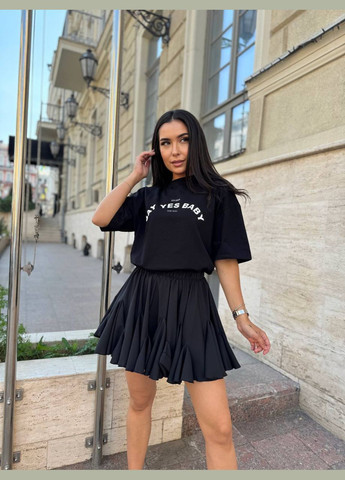 Черная повседневная однотонная женская юбка мини с шортами Україна клешированная-солнце