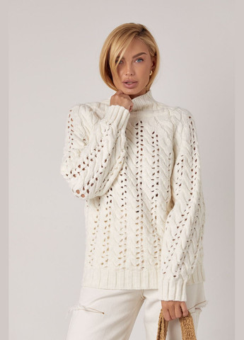 Молочний демісезонний в'язаний жіночий светр з ажурними візерунками - блакитний колір, l (sku_225) No Brand