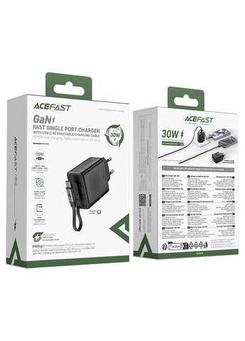 Мережевий зарядний пристрій з кабелем PD30W GaN charger (USB-C+USB-C) with retractable cable (EU) Black (6974316283942) Acefast A110 (361347638)