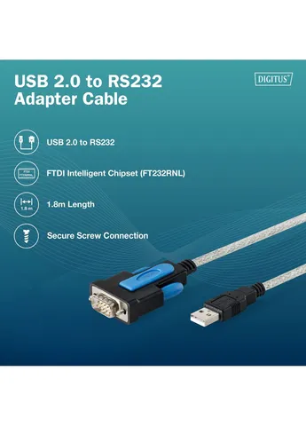 Адаптер USB-A > RS232 (M/M), FTDI, 1.8м Digitus (388526177)