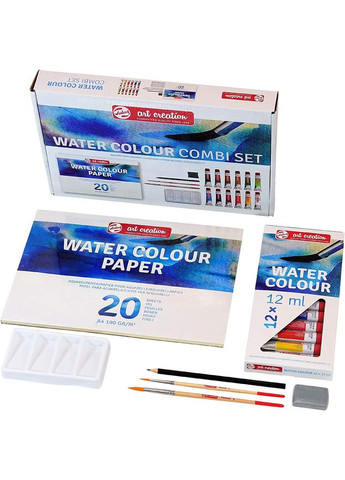 Набір акварельних фарб ArtCreation Combiset 12х12мл склейка А4 пензлі 2шт олівець клячка Royal Talens (364193667)