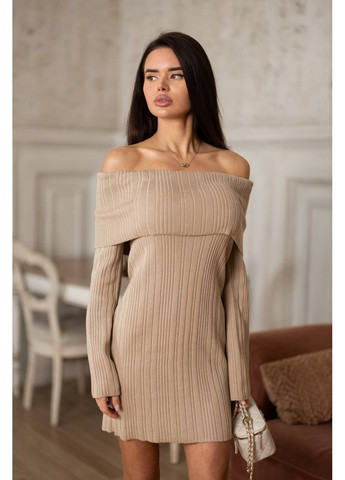 Бежева повсякденний жіноча в'язана сукня з відкритими плечима з відкритими плечима KaraMix однотонна