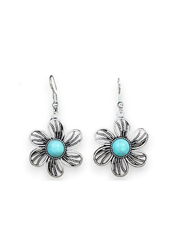 Серебристі сережки жіночі у формі красивої вінтажної квітки з бірюзою Liresmina Jewelry (285111012)