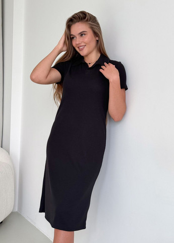Чорна пляжна, повсякденний, кежуал літня вільна сукня-поло а-силуетна в рубчик з короткими рукавами сукня-футболка, поло Merlini однотонна