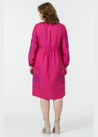 Бордова жіноча вишита сукня з льону з довгим рукавом та геометричним орнаментом краля, plus size., р., код 0467/48/688 ГАЛЕРЕЯ ЛЬОНУ