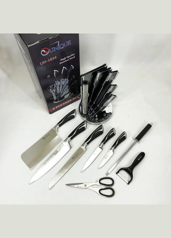 Набор ножей UN-1834 с вращающейся подставкой 9 предметов, Ножи кухонные из нержавеющей стали Unique (364663843)