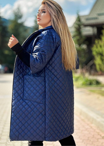 Синяя демисезонная женское удлиненное стеганое пальто на синтепоне с рукавом 3/4 Україна