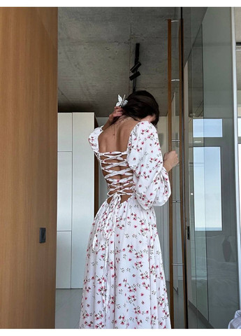 Білий повсякденний жіноча сукня романтичного фасону з квітковим принтом а-силует, з відкритою спиною Україна