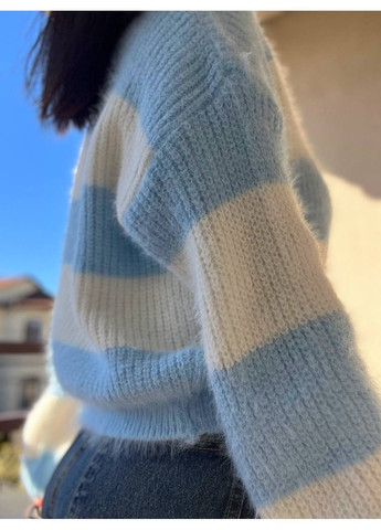 Блакитний демісезонний светр жіночий a-n 2157 широка смуга короткий пухнастий ангора No Brand